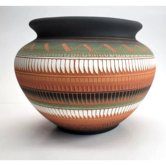 Native American Navajo Vase Pot by C. Buralli Terra Cotta Multi-Color 1996 DH606 - Picture 14 of 15